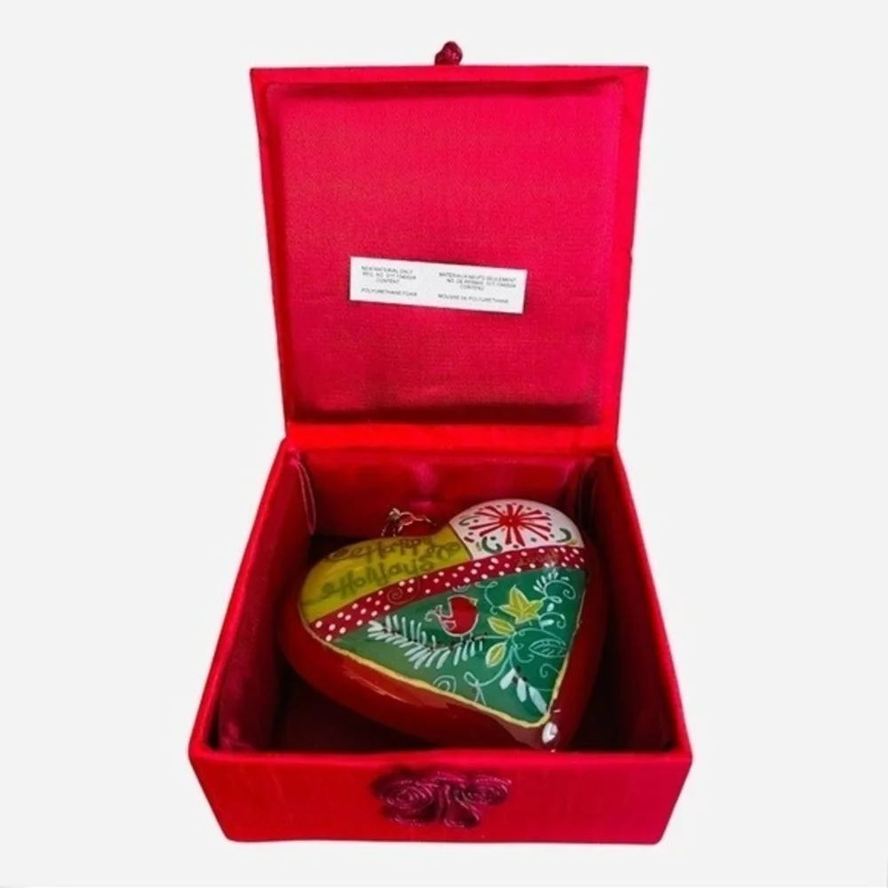 Vintage Pier 1 Li Bien Hand Painted Heart Glass Ornament 4.5